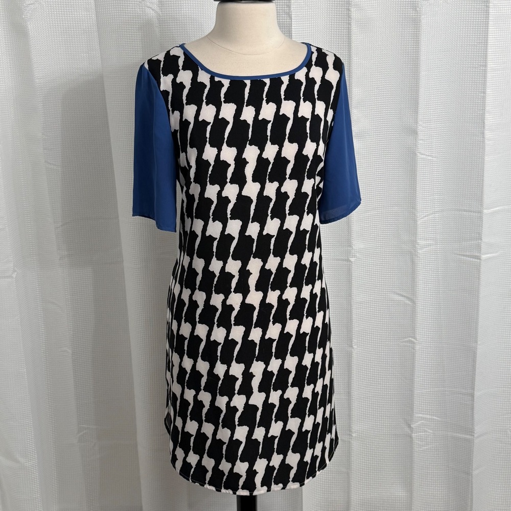 Bobeau Short‎ Sleeve Round Neck Pull-over Houndstooth Midi Dress